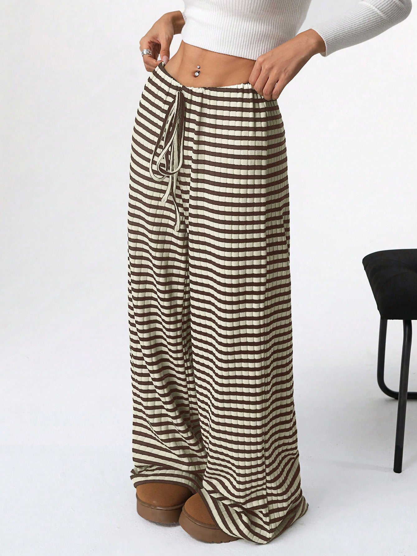 Women's Casual Striped Solid Color Drawstring Straight-leg Pants