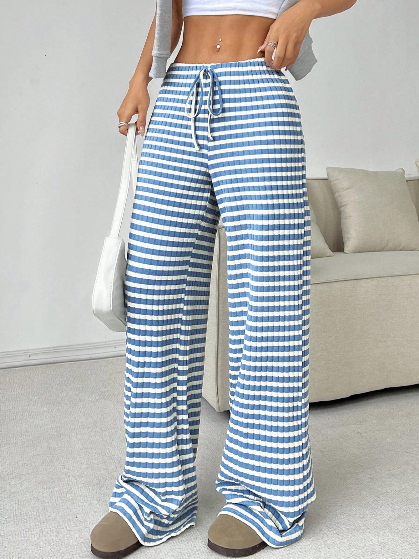 Women's Casual Striped Solid Color Drawstring Straight-leg Pants