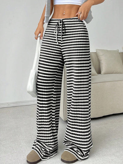 Women's Casual Striped Solid Color Drawstring Straight-leg Pants