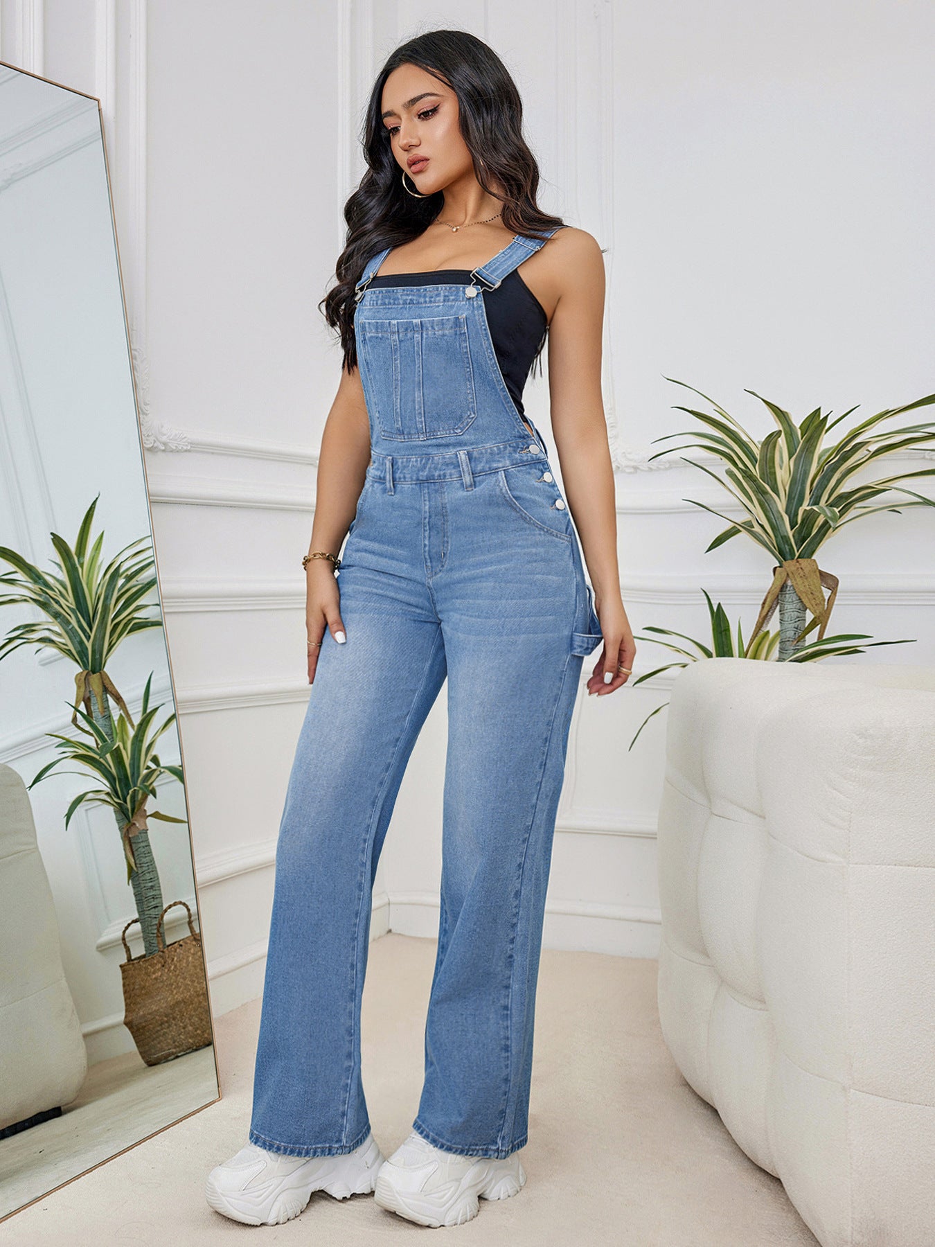 Women's Washed Denim Suspender Pants