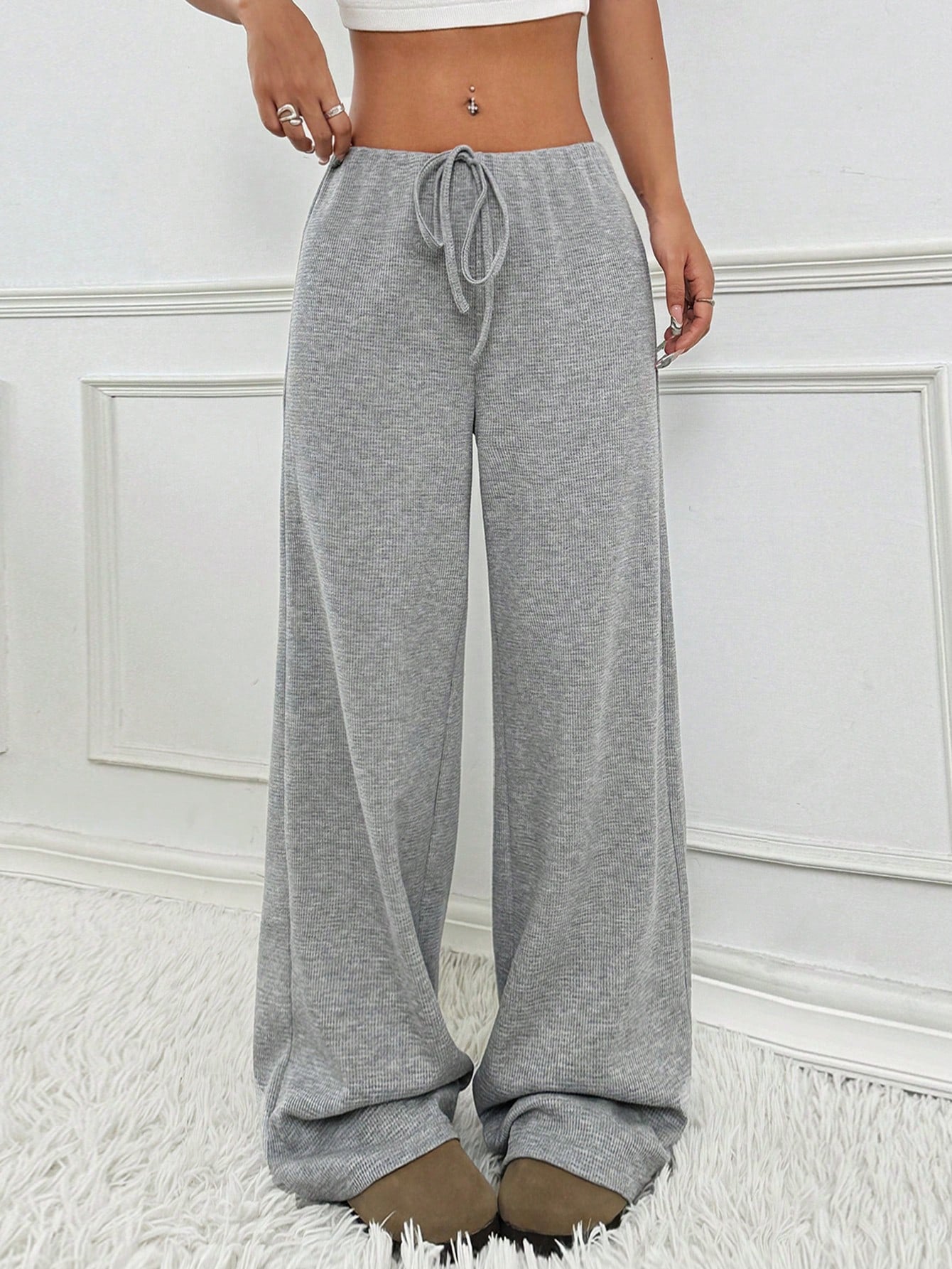 Women's Casual Striped Solid Color Drawstring Straight-leg Pants